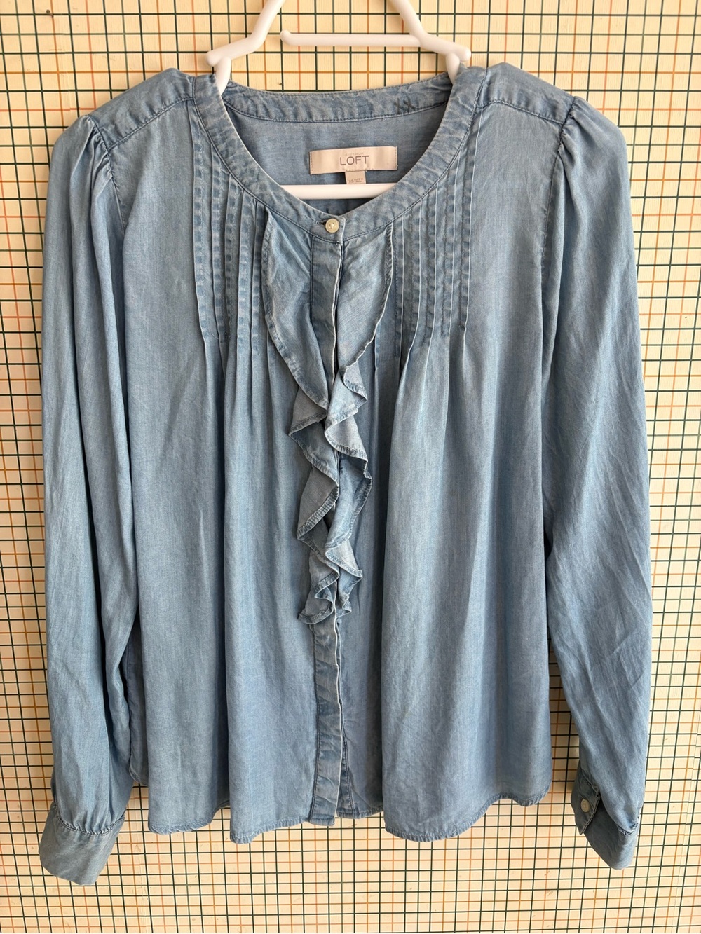 LOFT Light Wash Ruffle Front Blouse